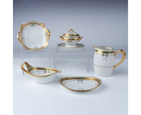 This set includes five pieces of Pickard China, each showcasing an elegant floral pattern highlighted by soft greens, pinks, 
