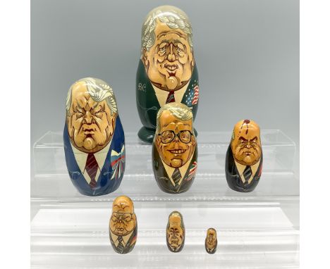 Amazing collection of Matryoshka dolls that depicts various diplomatic leaders in descending sizes that includes people such 