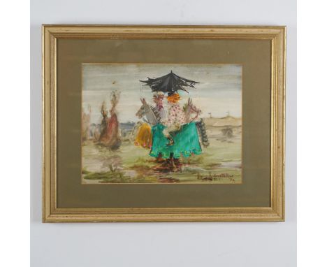 Original gouache and watercolor painting by Annette Rose, signed and dated 1972 in the lower right corner. The artwork depict