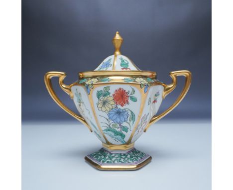 An antique Pickard sugar bowl, finely crafted and hand-painted with intricate Chinese-style motifs. The piece showcases vibra