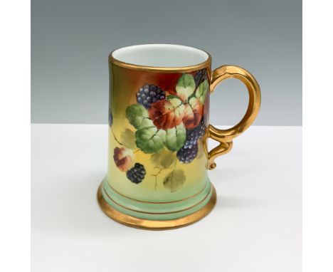 Hand-painted porcelain mug by Rosenthal Bavaria, featuring a vibrant blackberry and vine motif with a gradient background tra