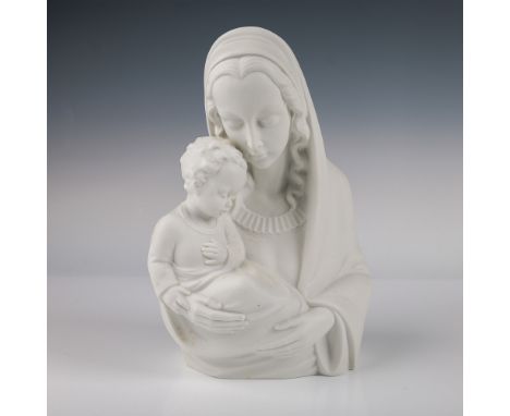 Elegant Orlik Germany porcelain figurine depicting Madonna and Child, rendered in a serene and minimalist style. The piece fe