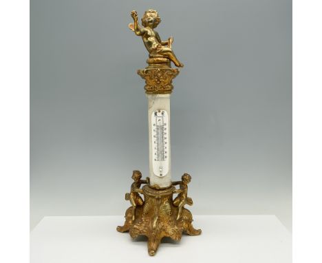 Adorable sculpture that doubles as a thermometer that is beautifully decorated with cherubs at its base and top. The sculptur