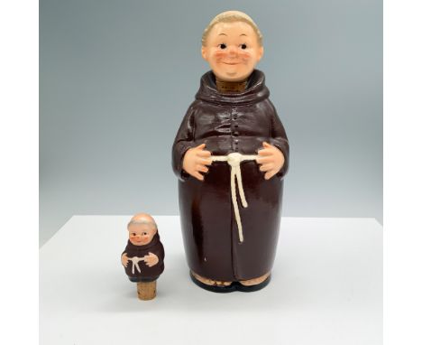 A porcelain decanter and stopper in the figure of Friar Tuck, dressed in a brown robe with a white belt rope, holds his hands