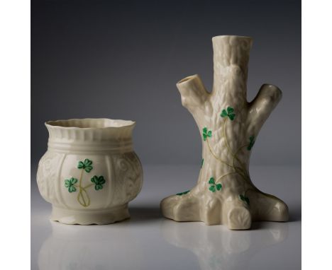 A pair of beautiful porcelain vases from Belleek in their Shamrock design. One piece is a simple bowl, and the other is shape