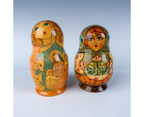 A set of 10 hand-painted wooden Matryoshka nesting dolls, traditionally crafted and decorated in Russia. One set features a b