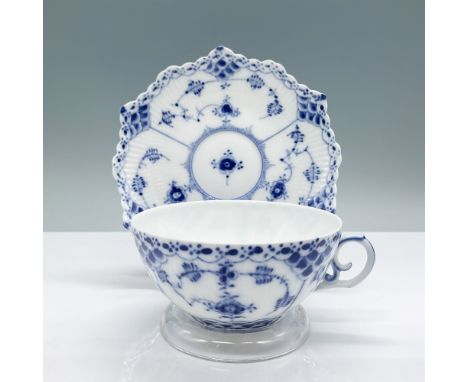 A beautiful Royal Copenhagen Blue Fluted Full Lace cup and saucer set, hand-painted in the iconic cobalt blue on fine china. 
