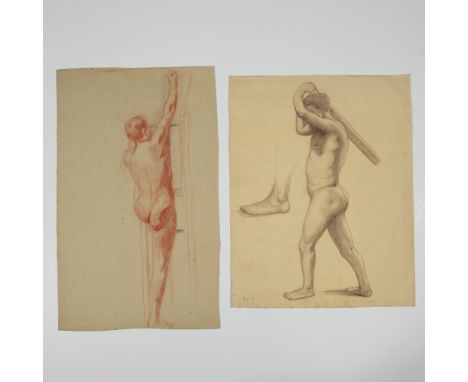 Set of two original pastel and sanguine drawings on paper, featuring harmonious brown and orange tones with dynamic motion. T