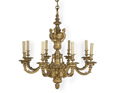 A PAIR OF ORMOLU EIGHT-LIGHT CHANDELIERSIn the manner of Andre Charles Boulle, late 20th centuryEach with baluster stem with 