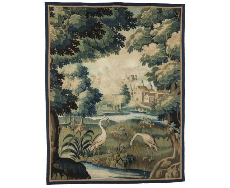 A FRENCH VEDURE TAPESTRY FRAGMENTBeauvais, 18th centuryWith a pair of cranes by a pond in the foreground and a chateau behind