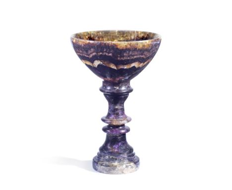 A 19TH CENTURY DERBYSHIRE FLUORSPAR BLUE JOHN GOBLETWith a conical bowl, on a double ring turned stem and circular plinth foo