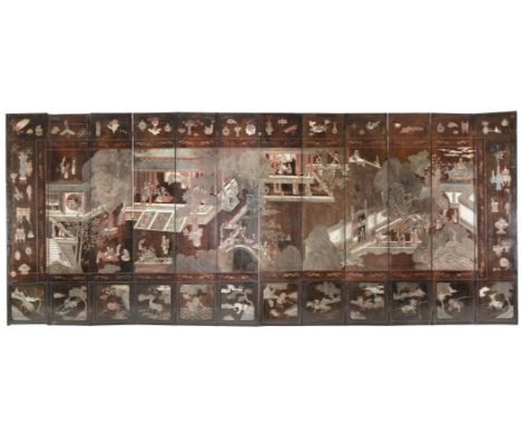 A TWELVE-LEAF 'COROMANDEL' BROWN LACQUER SCREENKangxi (late 17th / early 18th century)Decorated to both sides, the front with