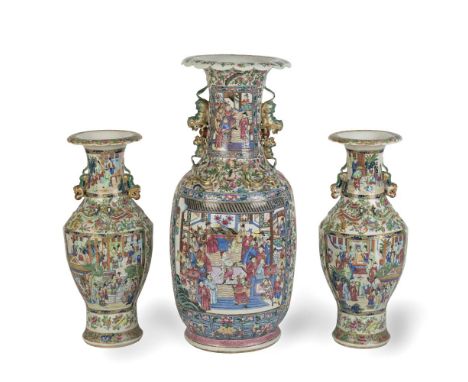 A LARGE CANTON RIBBED BALUSTER VASELate 19th centuryTypically enamelled with figural panels, together with a pair of 19th cen