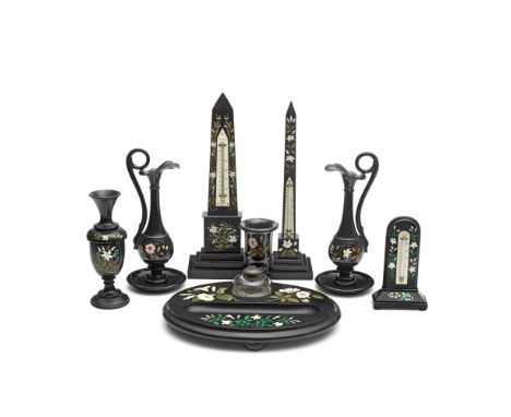 A COLLECTION OF DERBYSHIRE BLACK MARBLE PIETRA DURAComprising three ornamental thermometers, a pair of slender baluster ewers