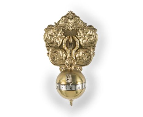 A WALL MOUNTED 'FALLING BALL' CLOCKDent of LondonThe gilt-brass backplate of cartouche outline and cast with a border of leaf