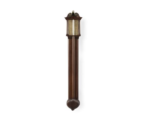 A REGENCY MAHOGANY STICK BAROMETERAbraham Smith &amp; CoWith swan-necked pediment, fluted side columns and tube cover, the ci