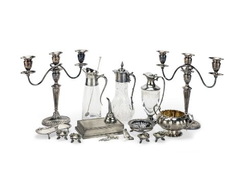 A COLLECTION OF SILVER TABLE ARTICLESVarious makers, 18th-20th century Comprising:A pair of silver three-light candelabra, ma