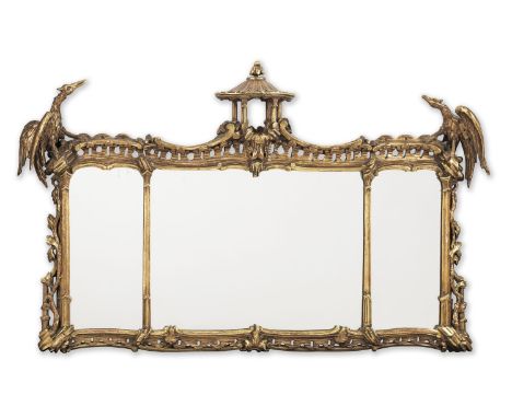 A GEORGE II STYLE CARVED GILTWOOD TRIPLE OVERMANTEL MIRRORIn the style of Thomas Chippendale The split rectangular plate surm
