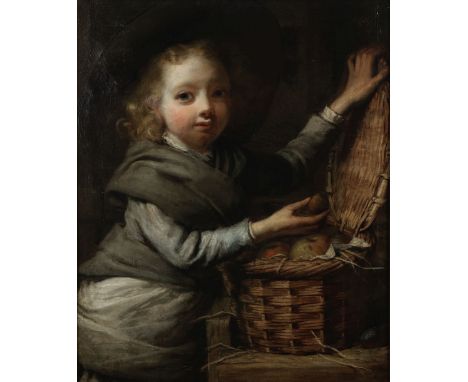 RICHARD WALLER (BRITISH, 1811-1882)A child with a hamper of apples Signed with initials and dated 'R W/1871'Oil on canvas76.5