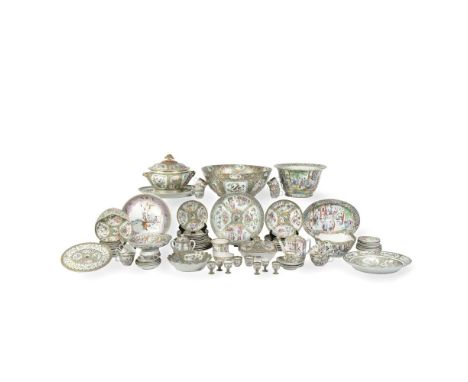 AN ASSEMBLED CANTON PORCELAIN DINNER SERVICE19th centuryComprising:A large centrepiece bowl;A jardinière;A soup tureen and co