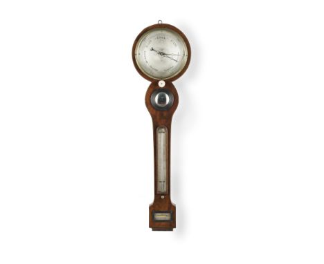 A REGENCY MAHOGANY INVERTED WHEEL BAROMETERThe circular silvered dial engraved 28-31 inches, each inch divided into one hundr