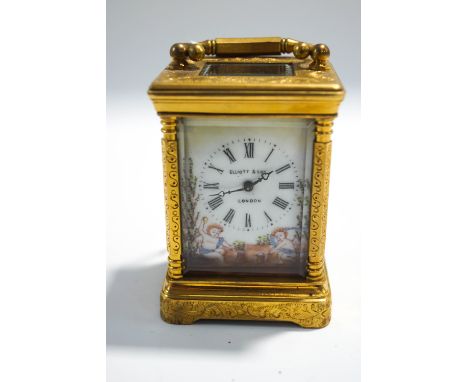 A miniature brass cased carriage clock with engraved decoration and enamel panels, handpainted with shepherdesses and cherubs