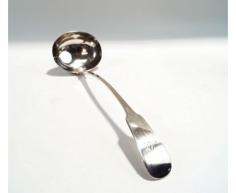 A Scottish William IV silver soup ladle, by George Bell, Edinburgh 1831, fiddle pattern, monogrammed, 34 cm long, 216 g (6.9 