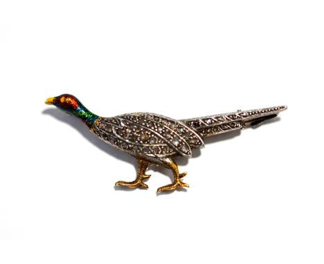 A rose diamond and enamel pheasant brooch, stamped 'Platm' and '18ct', 4.9 cm long, 5.7 g gross