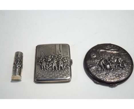 A Dutch cigarette case; a silver plated compact; and lipstick holder