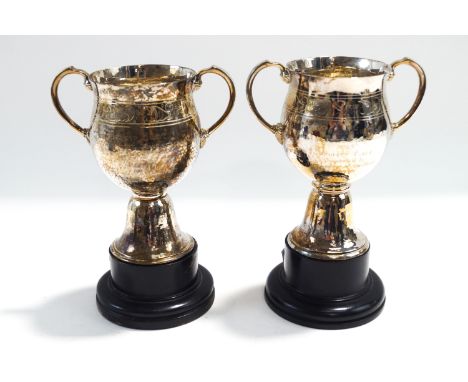 A matched pair of hammered silver two handled trophy cups, by Goldsmiths and Silversmiths Co Ltd, London 1935 and 1937, 13 cm