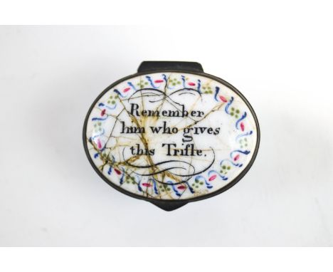 A late 18th century Staffordshire enamel patch box, the lid with the motto "Remember him who gives this Trifle", the base blu