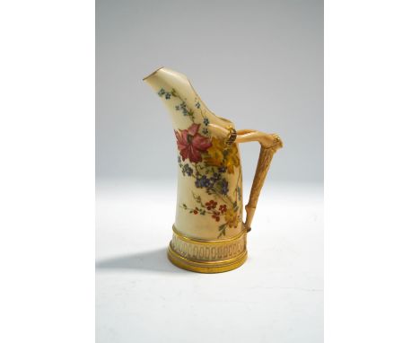 A Royal Worcester blush Ivory jug, with handpainted sprays of flowers and gilt highlights, the handle modelled as antlers, 16