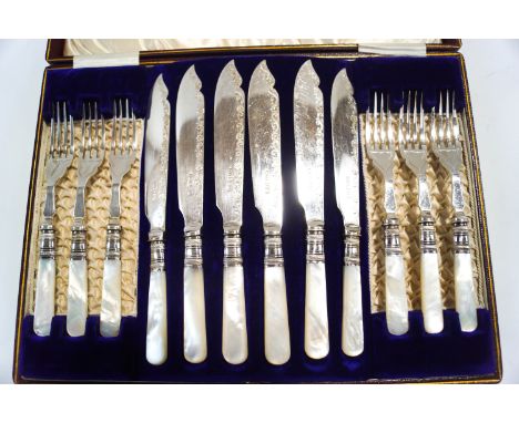 A cased set of six late Victorian fish knives and forks, the plated blades and tines to mother of pearl handles