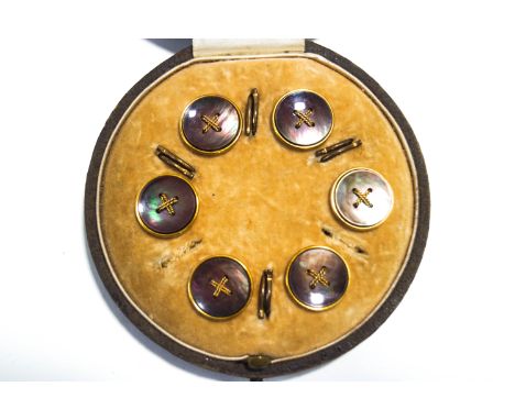 A set of six dress buttons, stamped '9ct', in mother of pearl, 6.7 g gross, cased