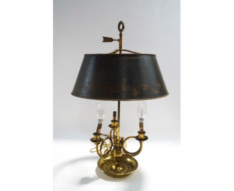A French brass triple branch bouillotte lamp, with rise and fall mechanism and toleware shade, 57cm high