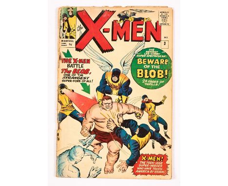X-Men 3 (1964). Two light vertical creases to all pages. Pg 20 has one sixth of the page torn away. Back cover extensive wate