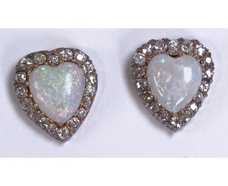 A pair of unmarked gold heart shaped opal and diamond cluster earrings, height 14.4mm, 3.3g