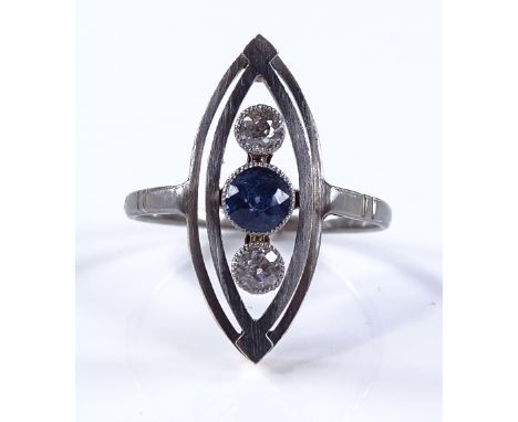 An Art Deco 3-stone sapphire and diamond set panel ring, unmarked white metal settings, panel height 20.1mm, size J, 2.5g