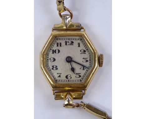 A lady's Vintage 18ct gold cased octagonal face wristwatch, mechanical 17 jewel movement with plated expanding strap, case no