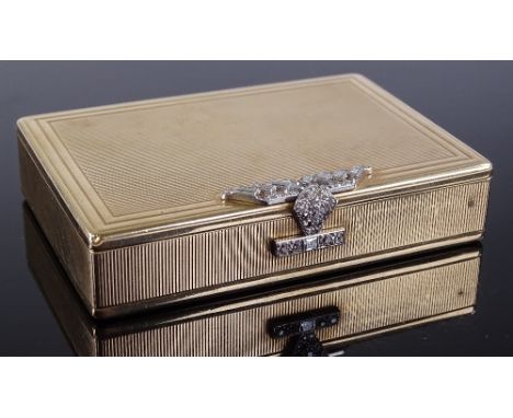 A fine quality Cartier 9ct gold engine turned box, with baguette, square and round cut diamond mount, maker's marks JC for Ja