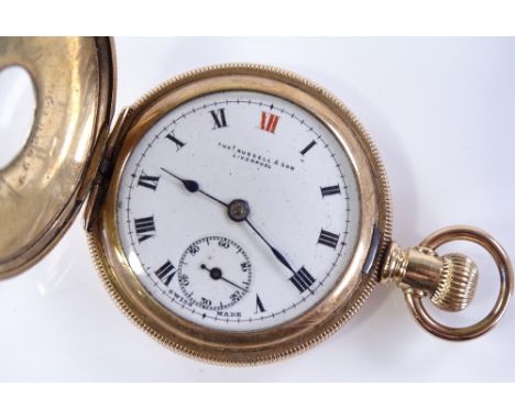 A gold plated half-hunter engine turned fob watch, by Thomas Russell &amp; Son of Liverpool, 15 jewel movement with subsidiar
