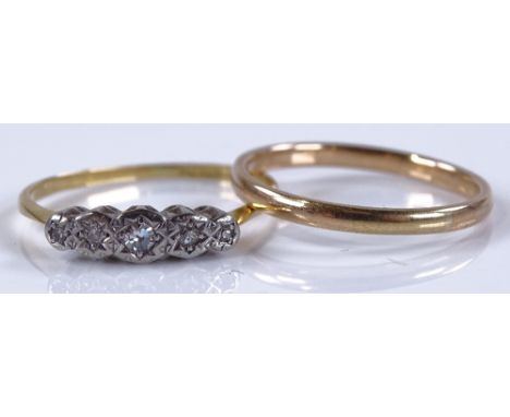 An 18ct gold 5-stone diamond ring, together with a 9ct gold wedding band, size U, 4.1g total