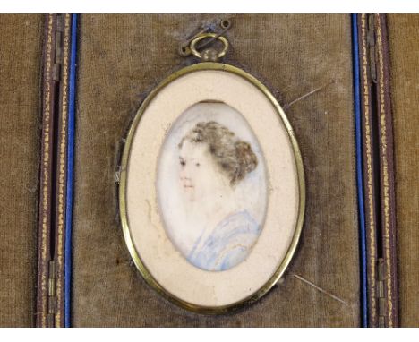 A 19th century miniature watercolour on ivory, portrait of a woman, in original leather case