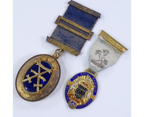 2 gilt-metal and enamel Masonic medals