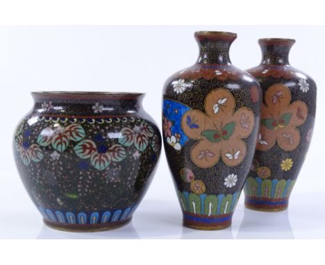 A pair of Japanese cloisonne enamel vases, height 12cm, and a Japanese cloisonne enamel jardiniere, height 8.5cm (3)