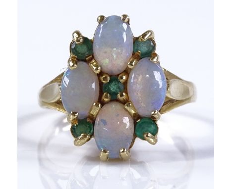 An 18ct gold opal and emerald cluster ring, maker's marks D and W, setting height 15.3mm, size L, 3.8g