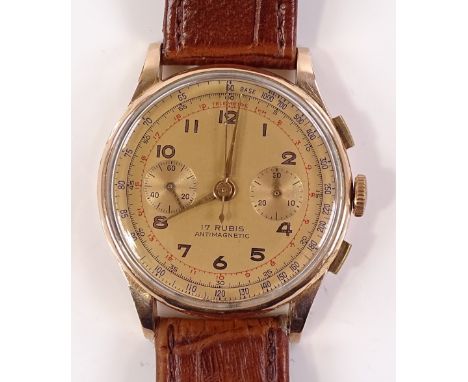 A gent's 18ct rose gold chronometer wrist watch, mechanical 17 jewel movement with 2 subsidiary dials, case no. 633910, case 