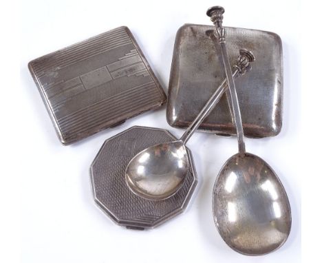 2 engine turned silver cigarette cases, an engine turned silver compact, and 2 silver Apostle spoons (5)