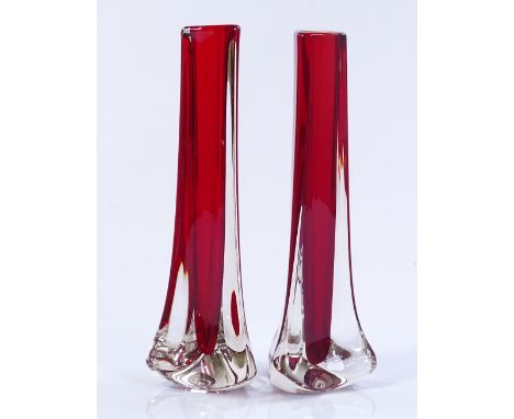 A pair of ruby glass overlay free-form vases, height 24cm