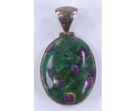A Borneo fuchsite and ruby pendant in silver frame, height excluding bale 31.7mm, 15.3g